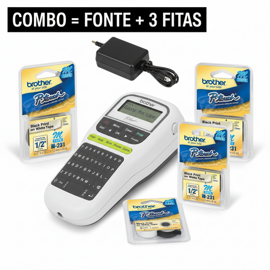 Combo Organizador: Rotulador Brother PT-H110 + Fonte de Alimentação + 3 Fitas M-231