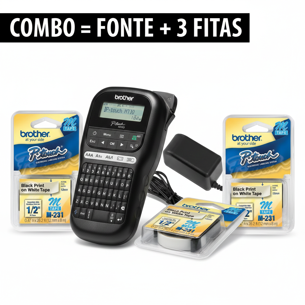 Combo Organizador: Rotulador Brother PT-H110BK + Fonte de Alimentação + 3 Fitas M-231