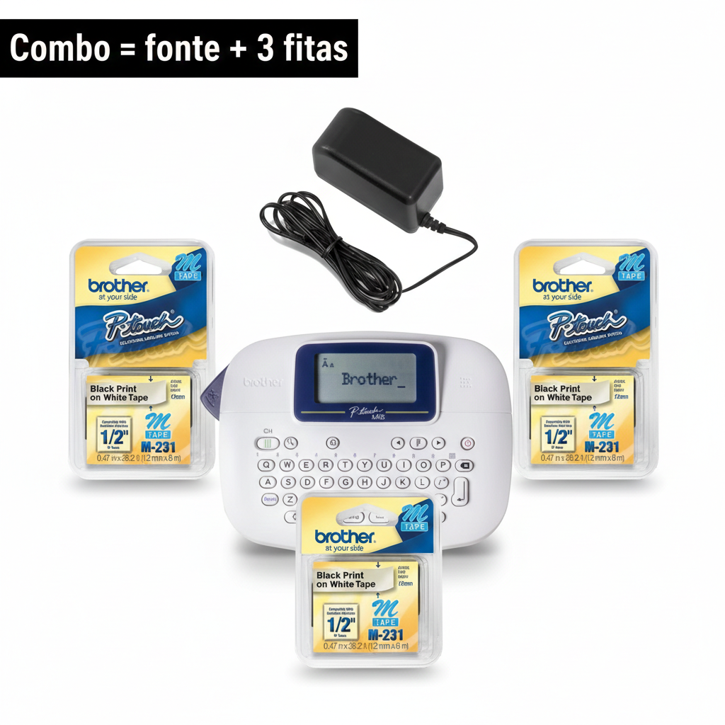 Combo Organizador: Rotulador Brother PT-M95WT + Fonte de Alimentação + 3 Fitas M-231