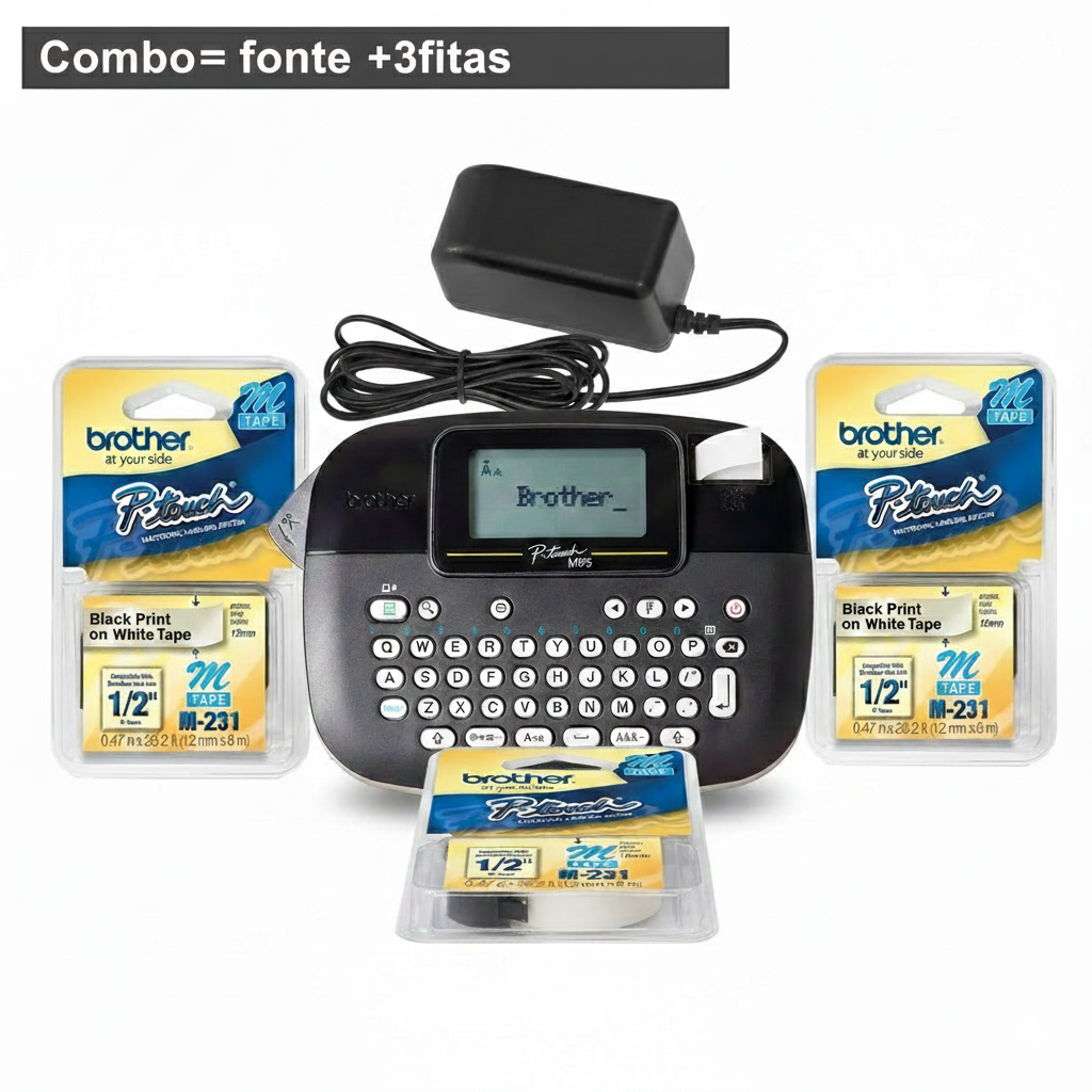 Combo Organizador: Rotulador Brother PT-M95BK + Fonte de Alimentação + 3 Fitas M-231