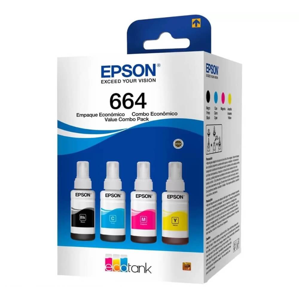 Kit 4 Garrafas Epson T664 para Ecotank 4 cores T664520-4P - Impressorajato